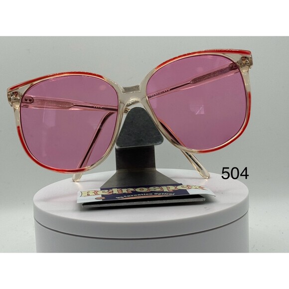 Vintage Oversize Sunglasses NOS Preppy Bright Rose Lens Clear & Red Frame 80-90s - Picture 1 of 10